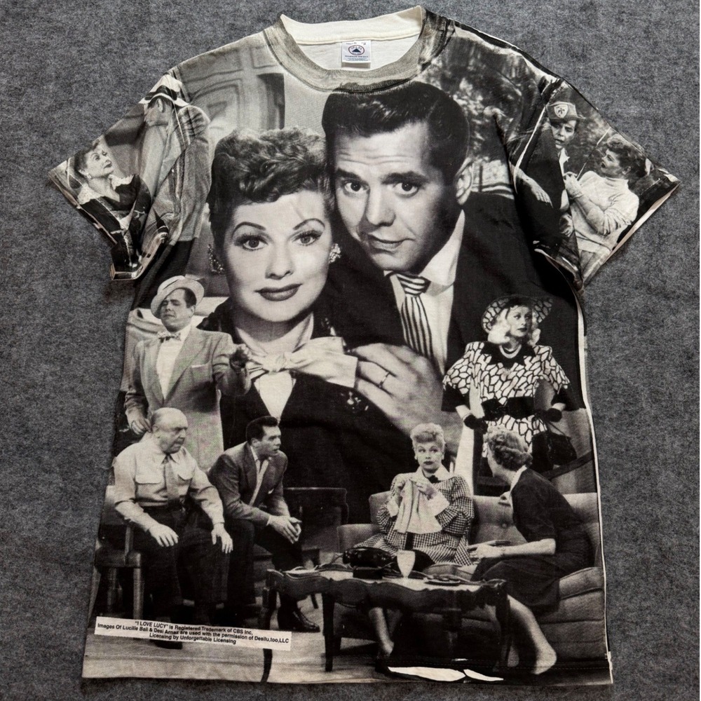Vintage 90s I Love Lucy AOP T-Shirt Pro Delta Magnum Weight Black White Mens M